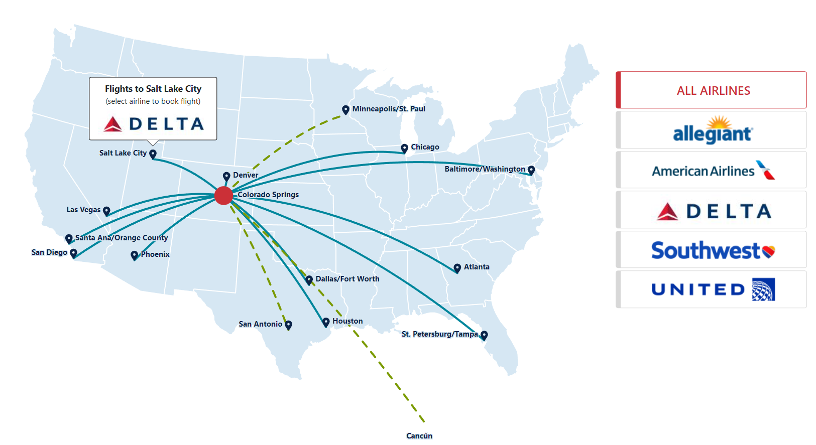 FlyCOS Springs Airport route map showing nonstop flights from Colorado Springs