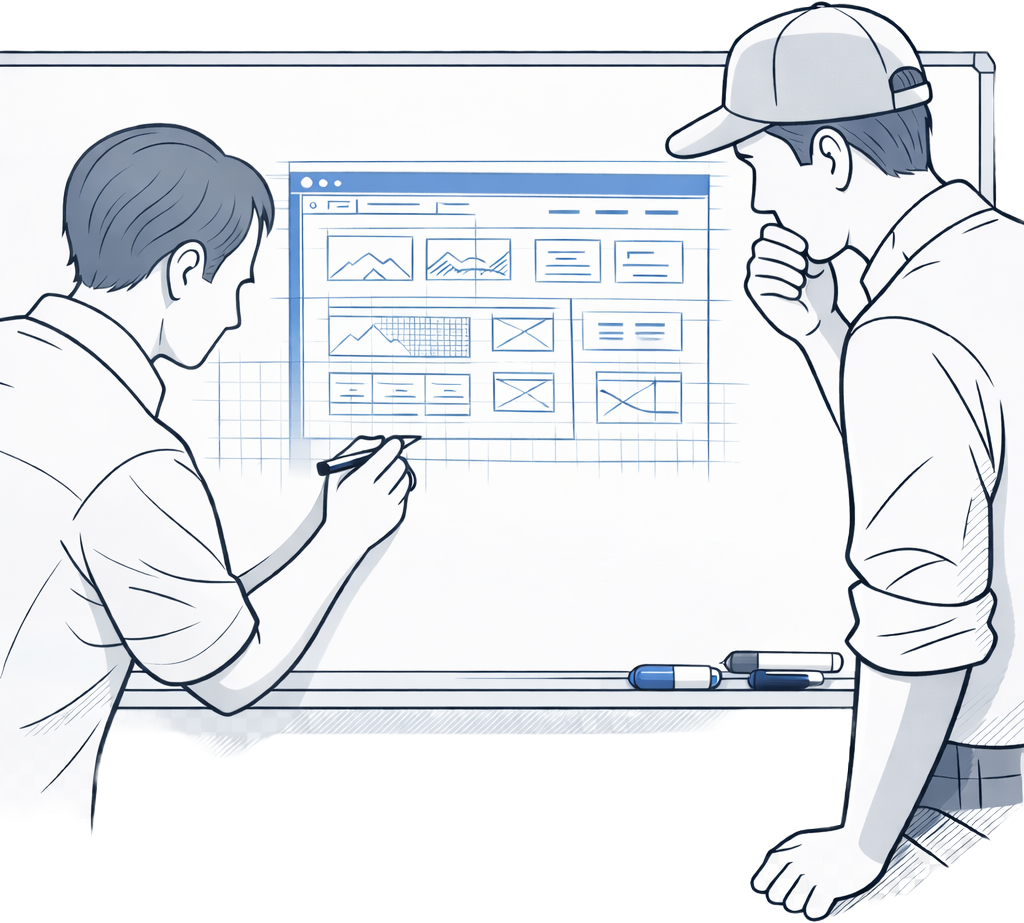 Two web developers reviewing a website wireframe sketched on a whiteboard