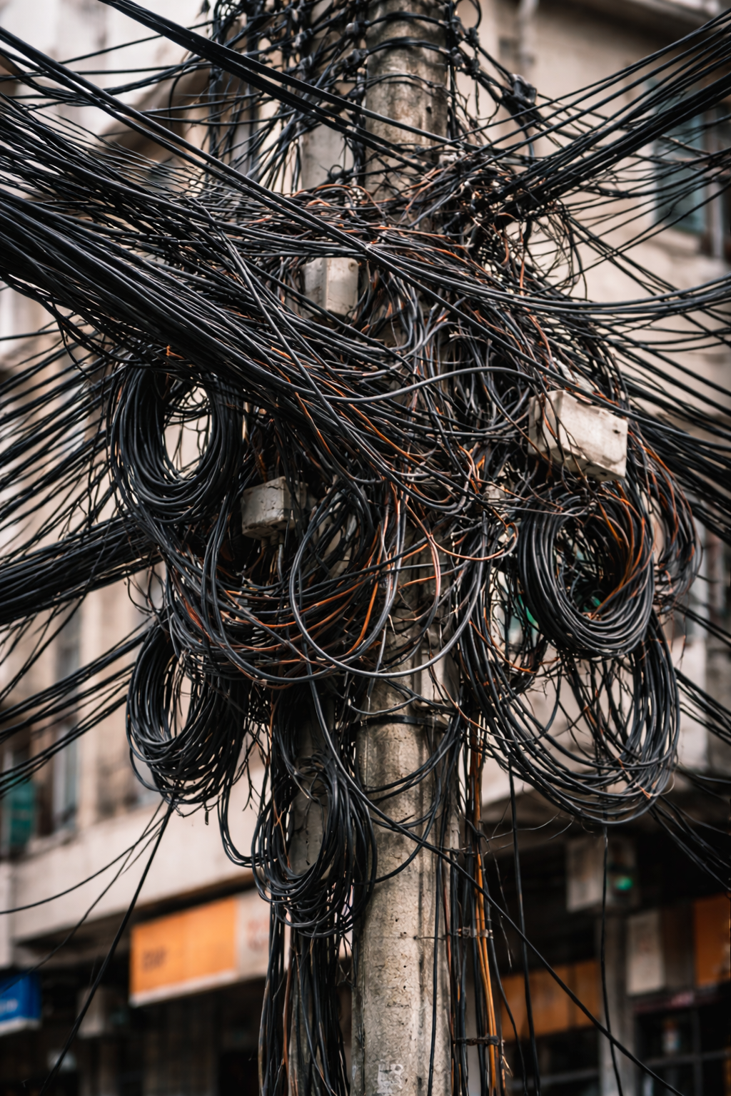 A telephone pole with a nest of tangled wires