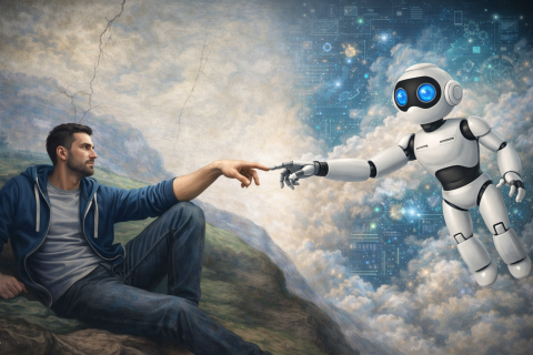 A developer reaches out toward a friendly white humanoid robot with glowing blue eyes, surrounded by a cloud of abstract digital tech elements.