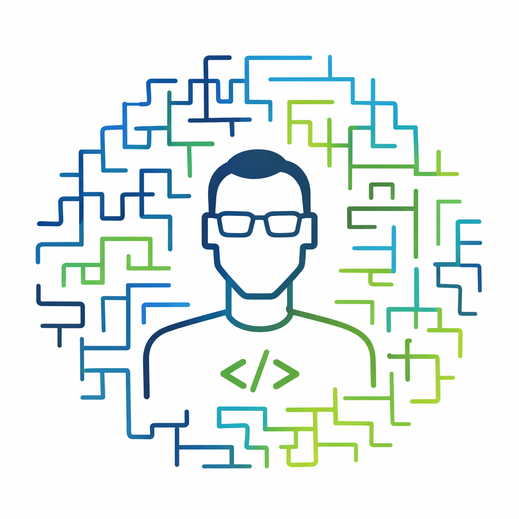 Drawing of a technical developer in a maze of abstract lines