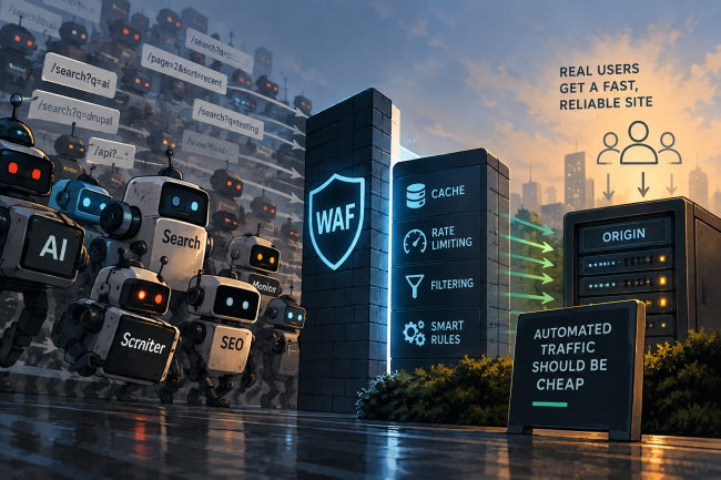 Automated bots and AI traffic being filtered through a web application firewall with caching, rate limiting, filtering, and smart rules, while real users reach the origin server quickly and reliably. A sign reads, “Automated traffic should be cheap.”